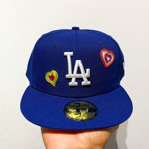 Los Angeles Dodgers MLB NE Chain Stitch Hearts Blue Fitted Hat - New